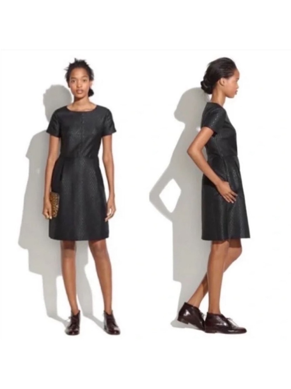 Madewell Fitted Brocade Black Metallic Short Sleeve Wool Blend Dress